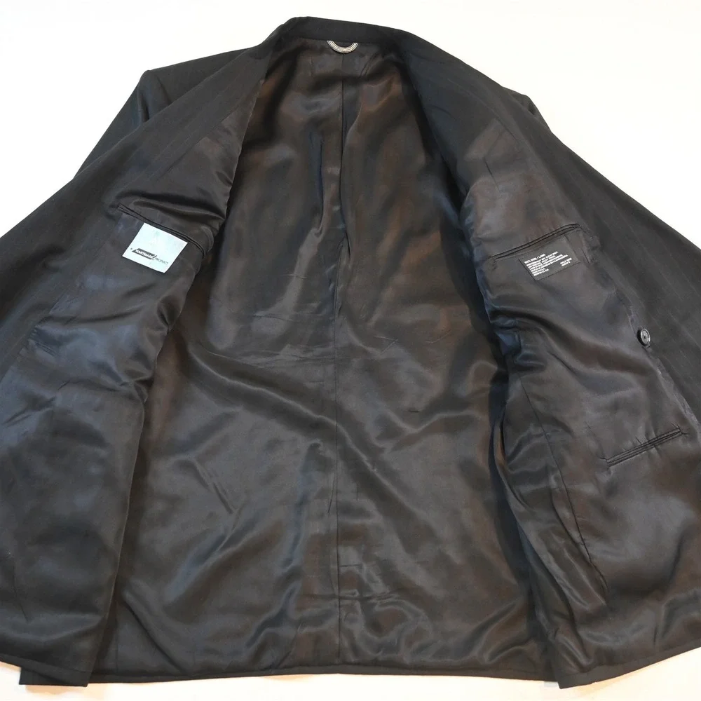 Vtg USA Made Double Breasted 44R 38x30 Black Striped 100% Wool Jacket Pants Suit